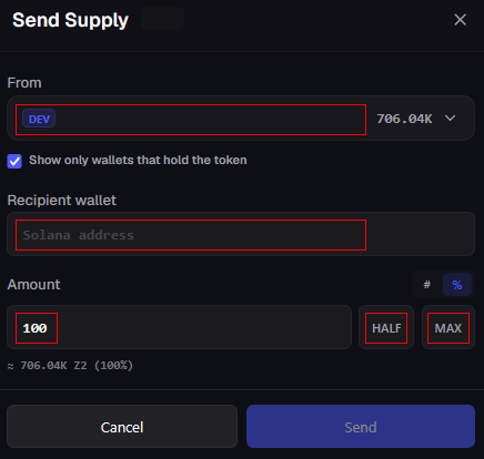 Enter the recipient address and percentage of dev supply to send