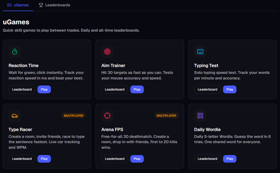uGames homepage featuring six unique games